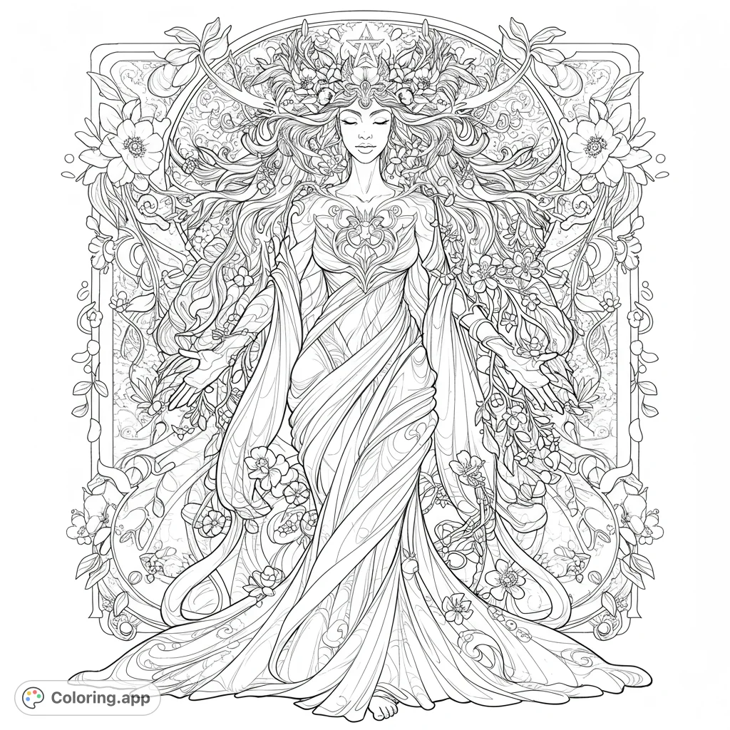 An intricate nature goddess with flowing hair and floral adornments, surrounded by lush botanical patterns. A beautiful fantasy art nouveau coloring page.