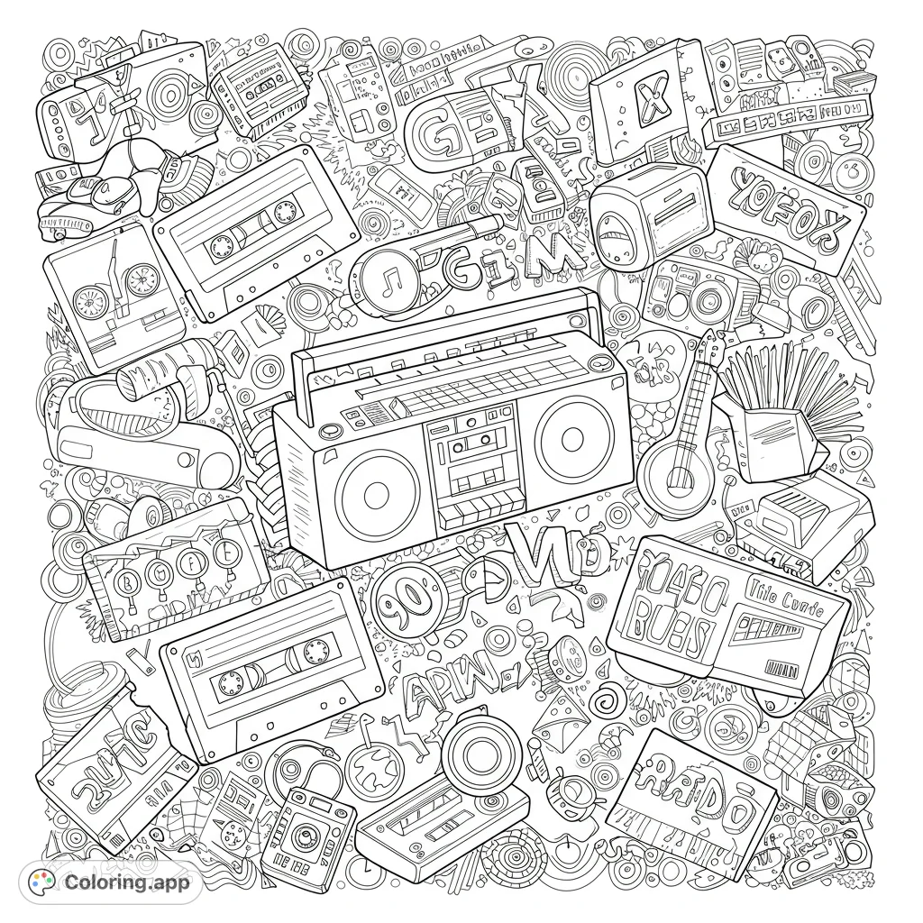 Dive into a nostalgic retro music gear coloring page featuring a boombox, cassette tapes, and vintage audio equipment. Free printable fun!