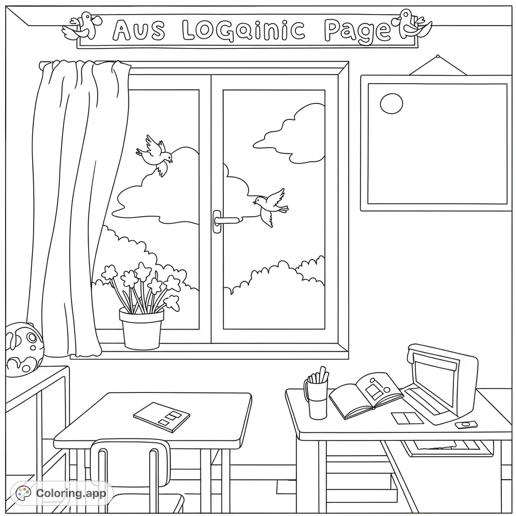 A detailed study room coloring page featuring a window view with flying birds, desks, and school supplies, perfect for all ages.