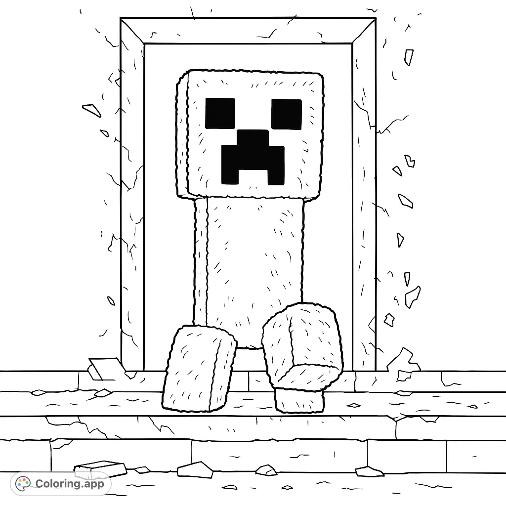 An iconic Minecraft Creeper coloring page, sitting in a broken wall opening with scattered blocks. A free printable gaming adventure for fans!