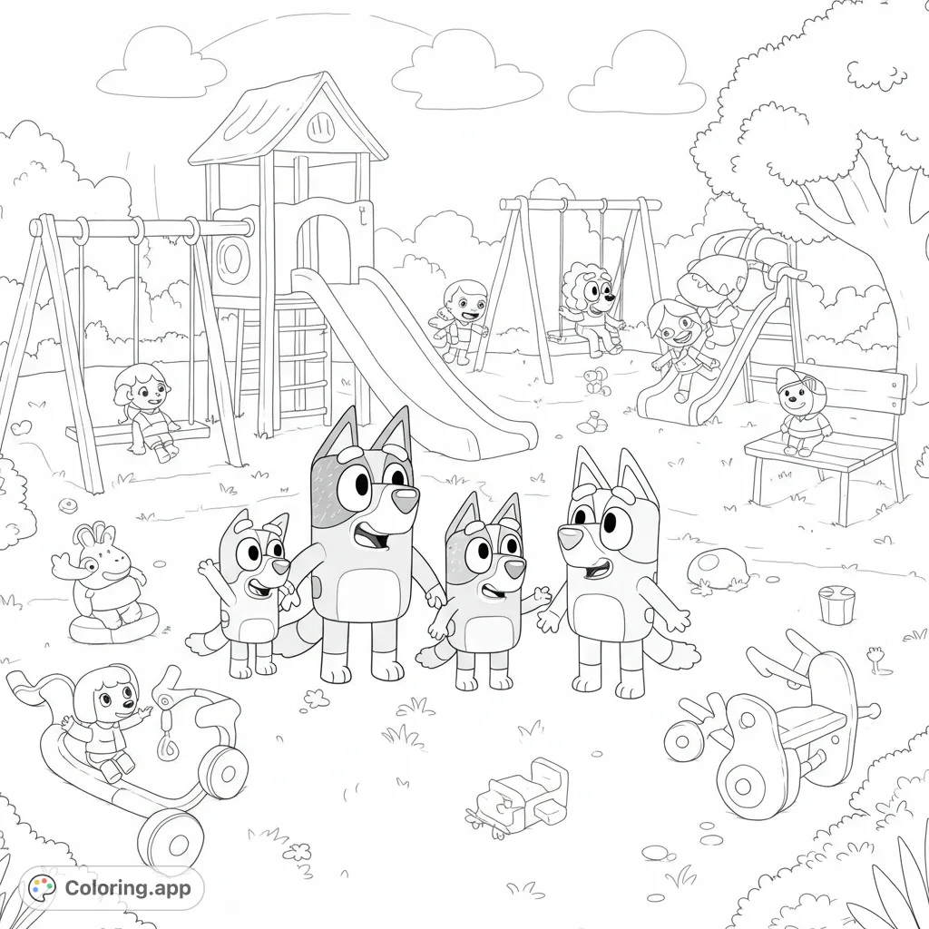 Join Bluey and family at a lively playground with slides, swings, and friends. A fun, free printable Bluey coloring page for kids!