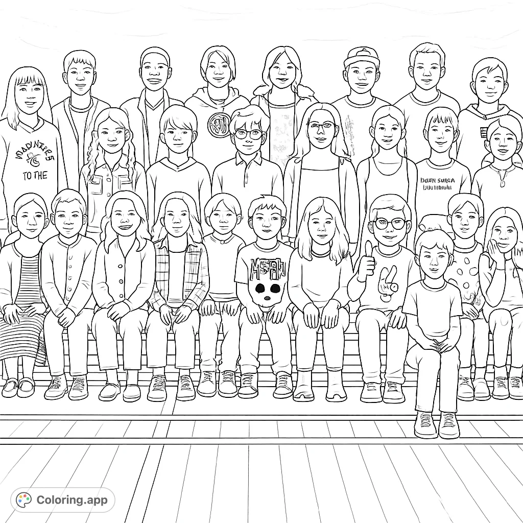 A vibrant school class coloring page featuring a diverse group of smiling children arranged in rows, perfect for fostering creativity and learning.