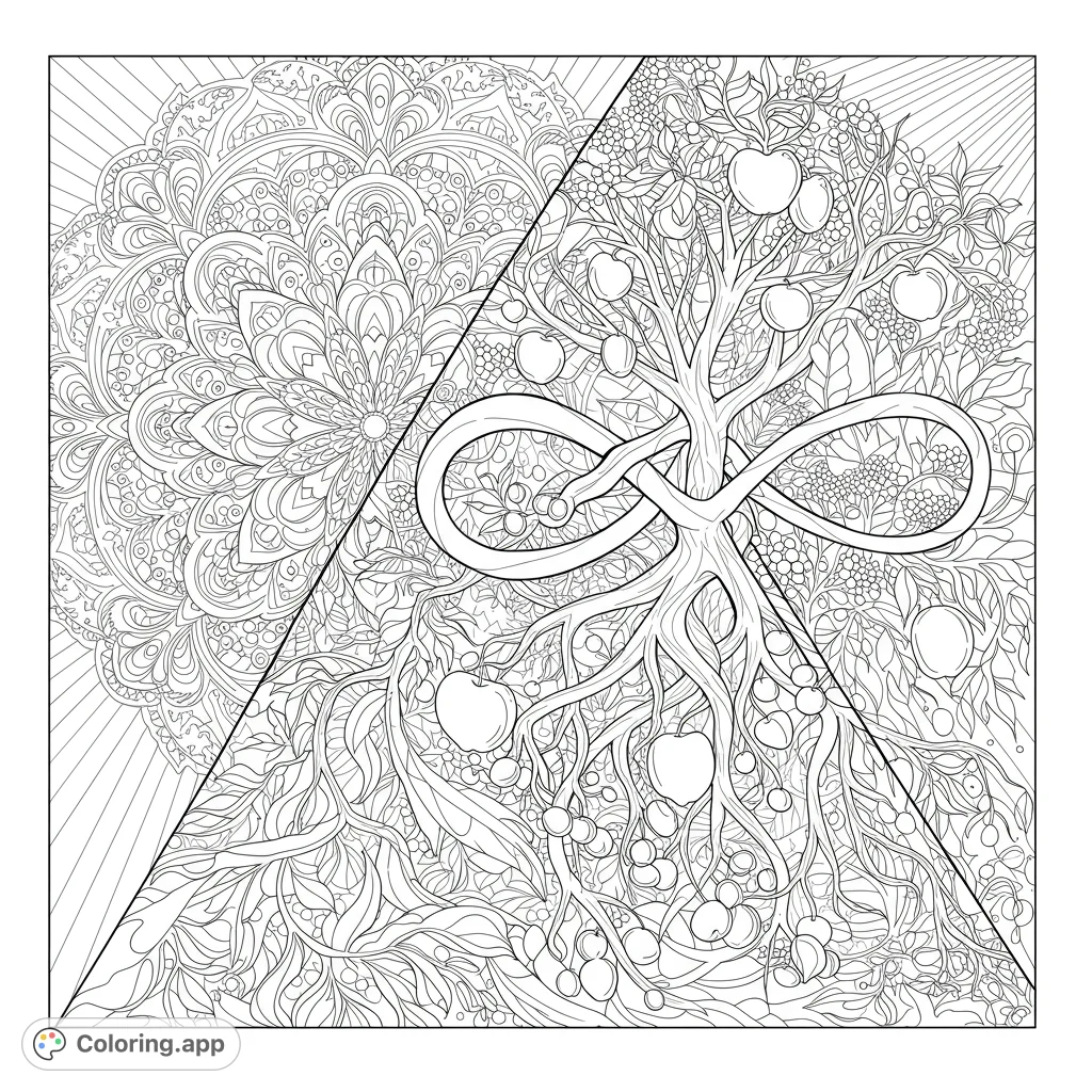Intricate Tree of Life intertwined with an infinity symbol, set against a detailed mandala. A complex design for mindful coloring.