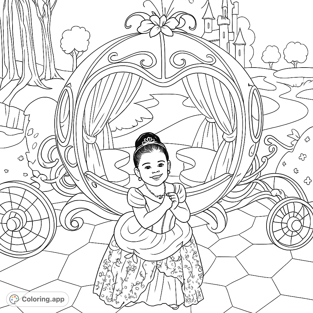 A princess in a yellow dress stands before her royal carriage. This coloring page is perfect for kids who love fairy tales and fantasy stories.