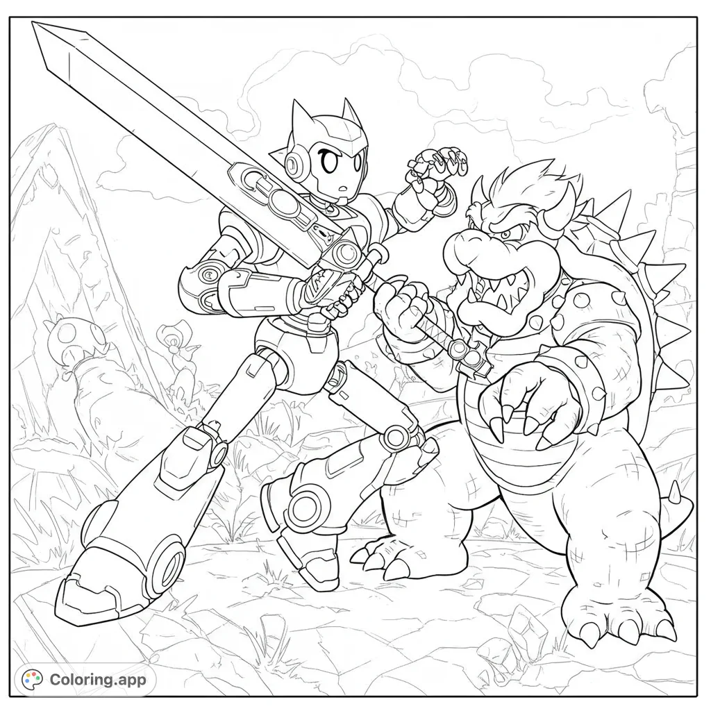 Epic robot vs. monster battle coloring page!