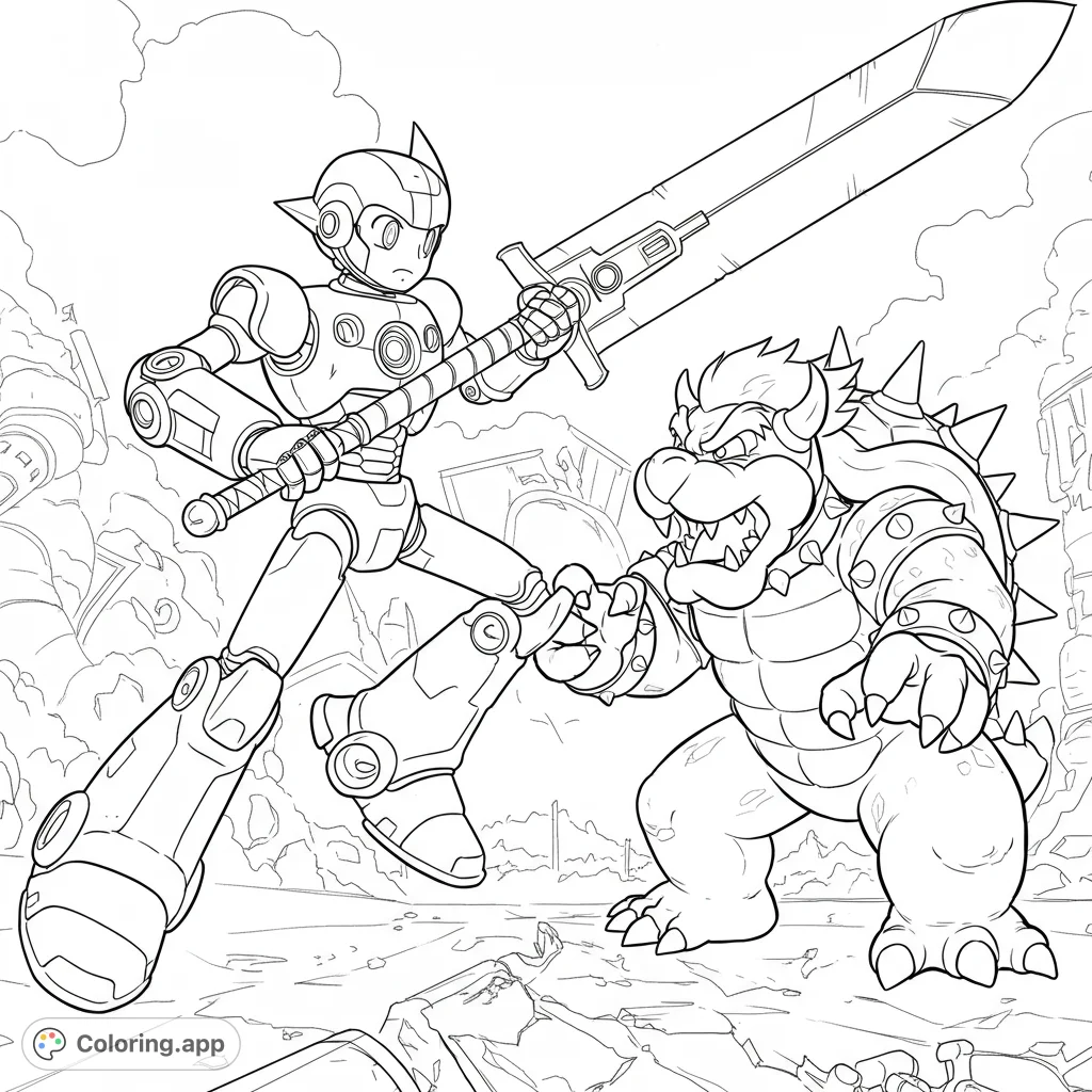 Epic robot vs. monster battle coloring page!