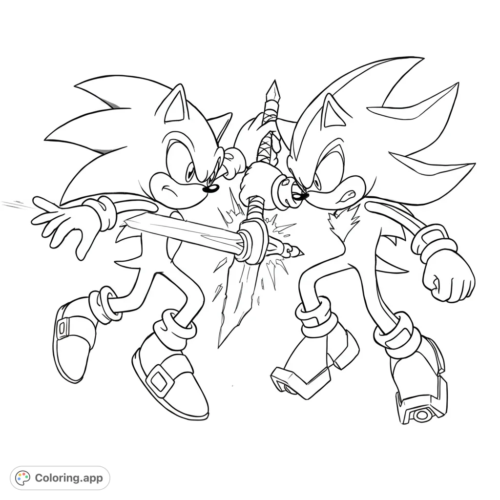 Dynamic Sonic and Shadow coloring page featuring an epic sword clash. Perfect for fans to bring their favorite hedgehog rivals to life with vibrant colors.