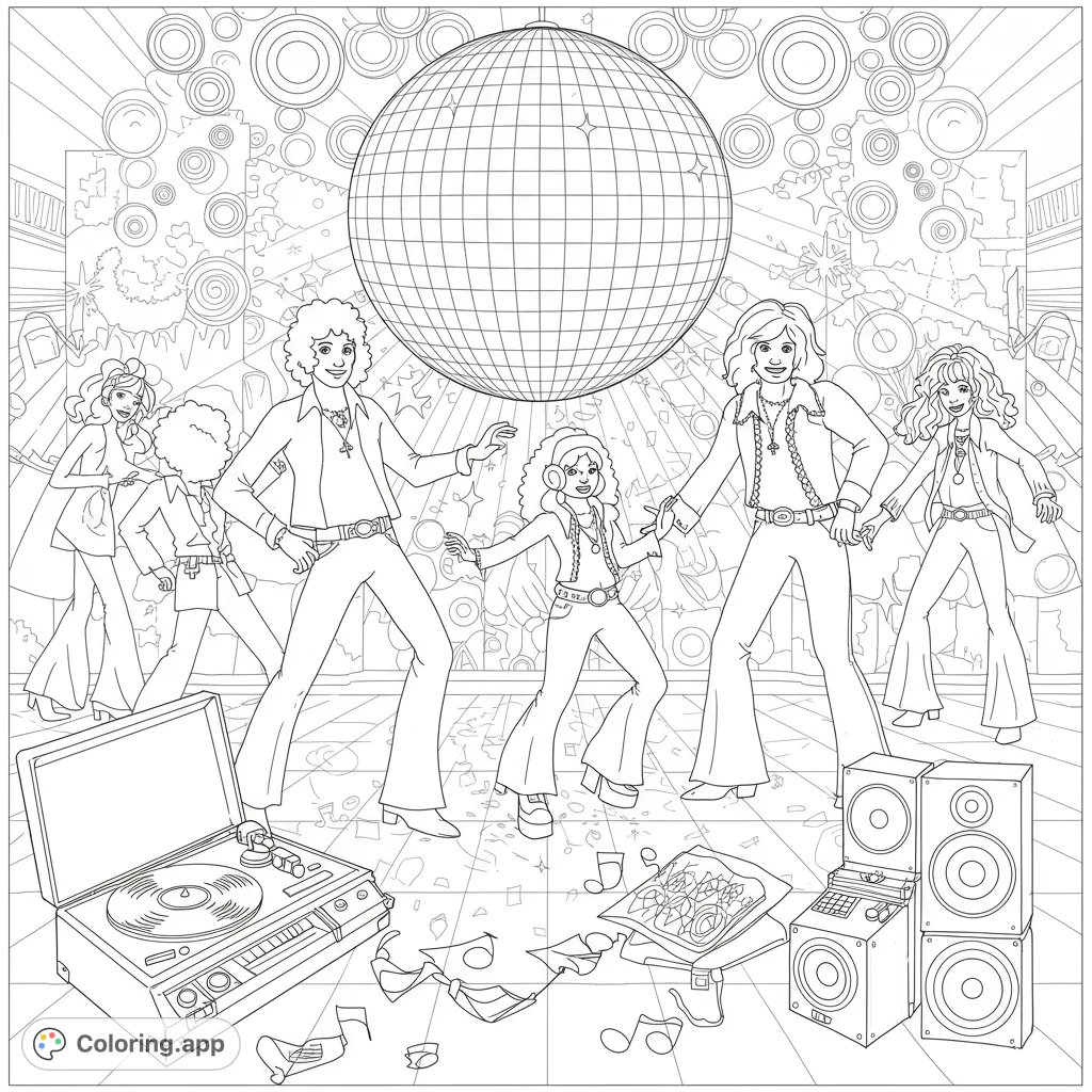 Step back to the 70s with this groovy disco party coloring page! Dancers, a disco ball, and music gear await your vibrant colors.