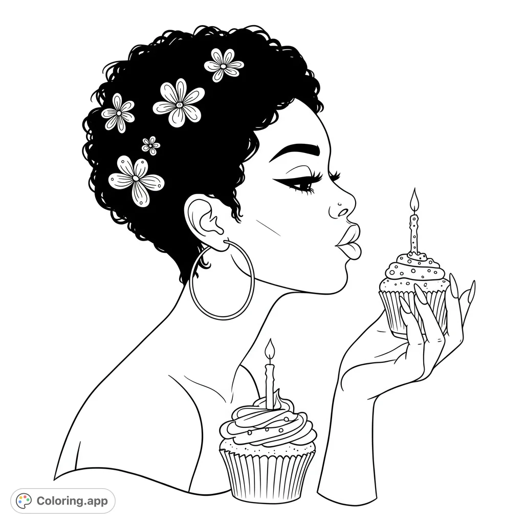 Elegant woman with floral hair blows out a candle on a cupcake, with another cupcake nearby. A beautiful birthday-themed free printable coloring page.