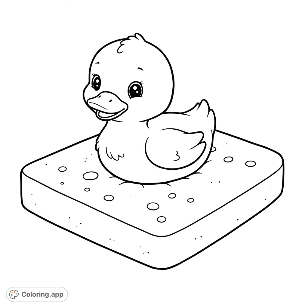 An adorable rubber duck sits on a textured bath sponge, ready for vibrant colors. A charming free printable coloring page for kids and adults.