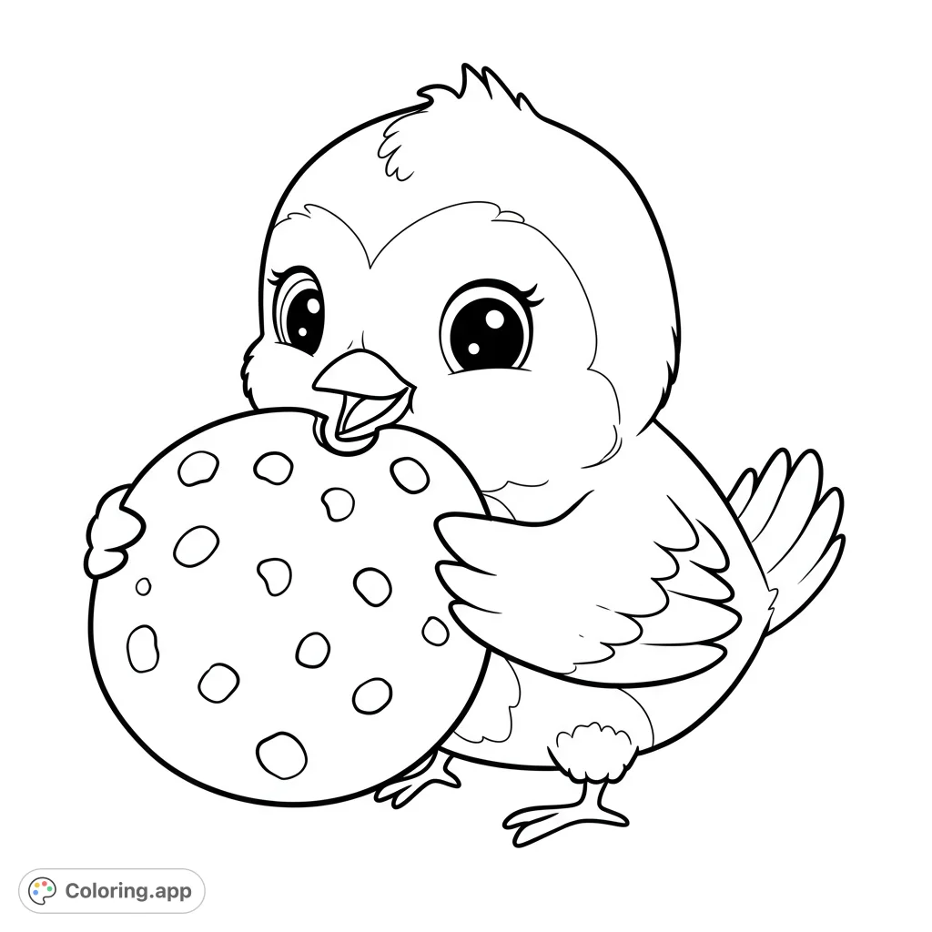 An adorable, chubby chick happily holds and bites into a large chocolate chip cookie. A sweet and simple free printable chick coloring page for kids and adults.