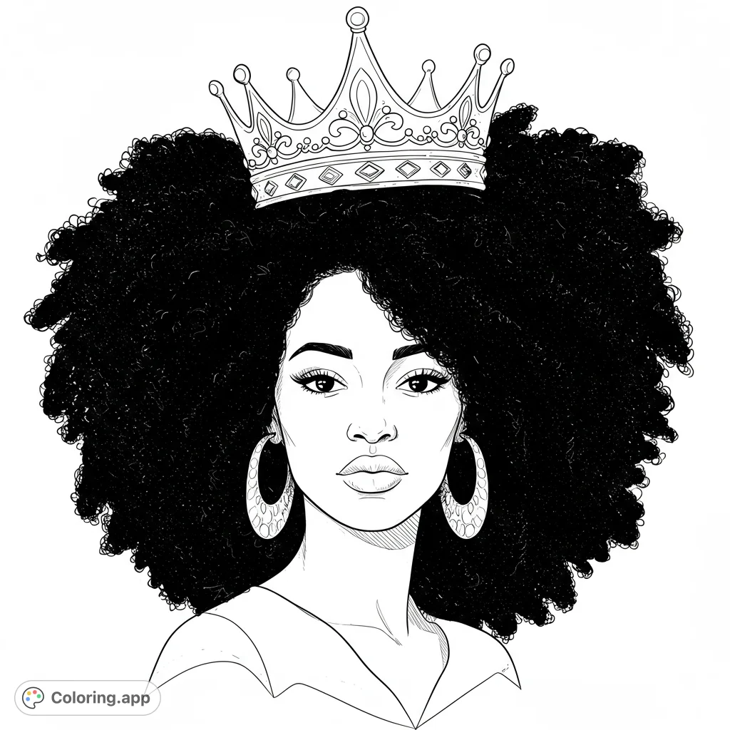Beautiful headshot of an African American woman with a crown atop her natural hair. Features clean lines and open spaces, perfect for coloring.