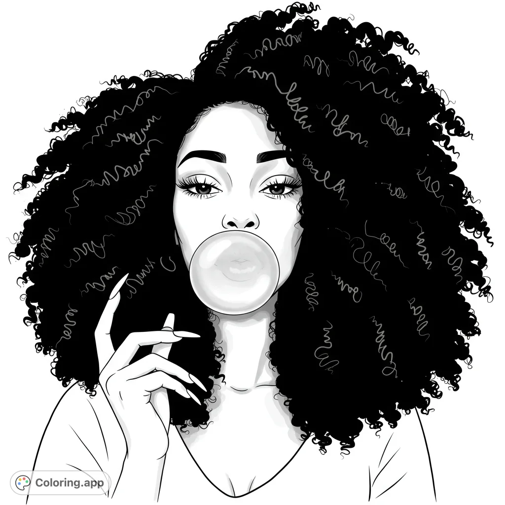 Stunning coloring page of an African American woman with natural curls blowing a bubble. Features long, pointed nails.