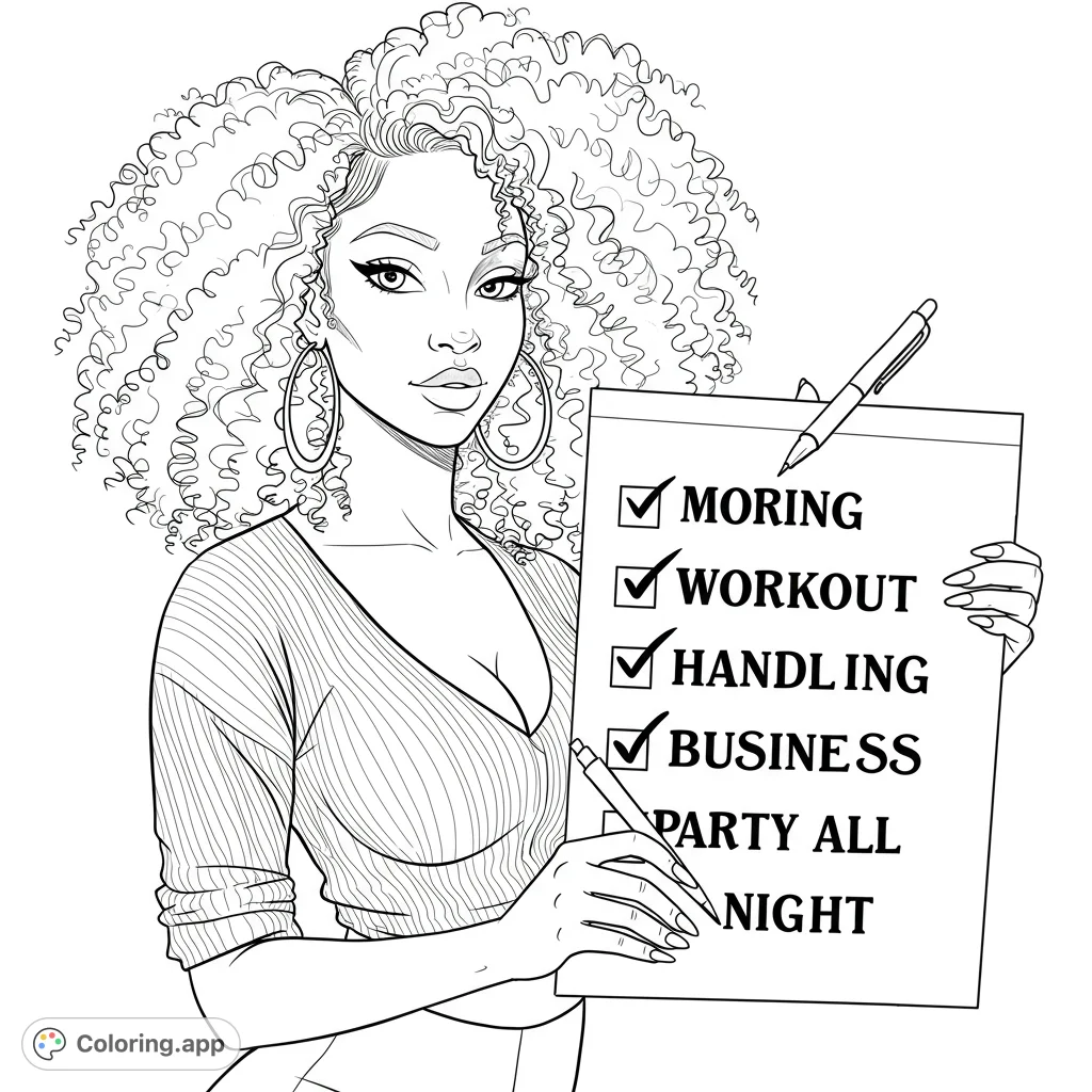 Empowering coloring page featuring a confident woman with voluminous curly hair holding a checklist, perfect for daily inspiration and creative expression.