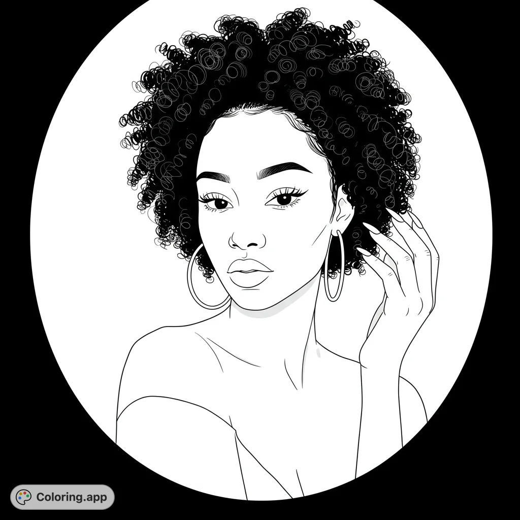 A captivating curly hair woman coloring page, perfect for expressing creativity. Features a stylish portrait with intricate hair and accessories.