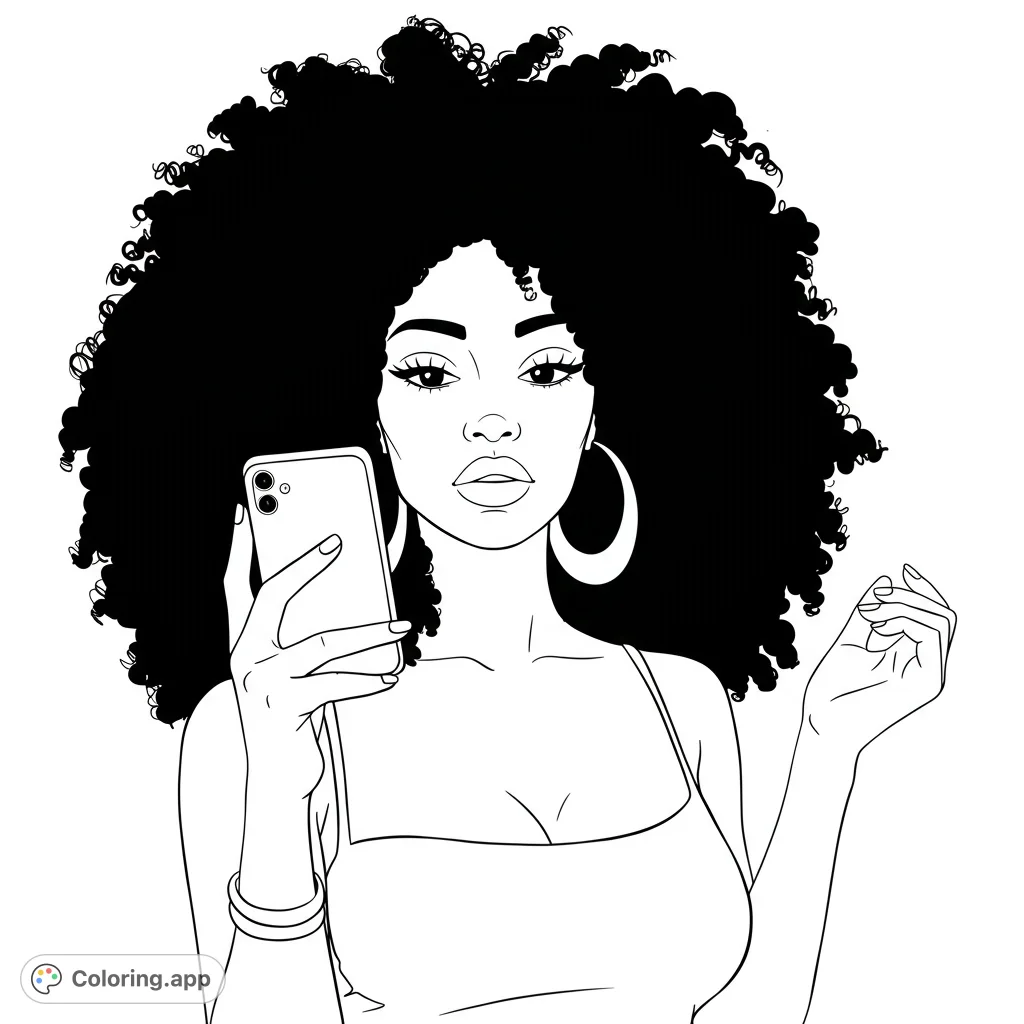 A stylish woman with voluminous curly hair holds a smartphone, ready for a selfie. A modern and empowering free printable coloring page.
