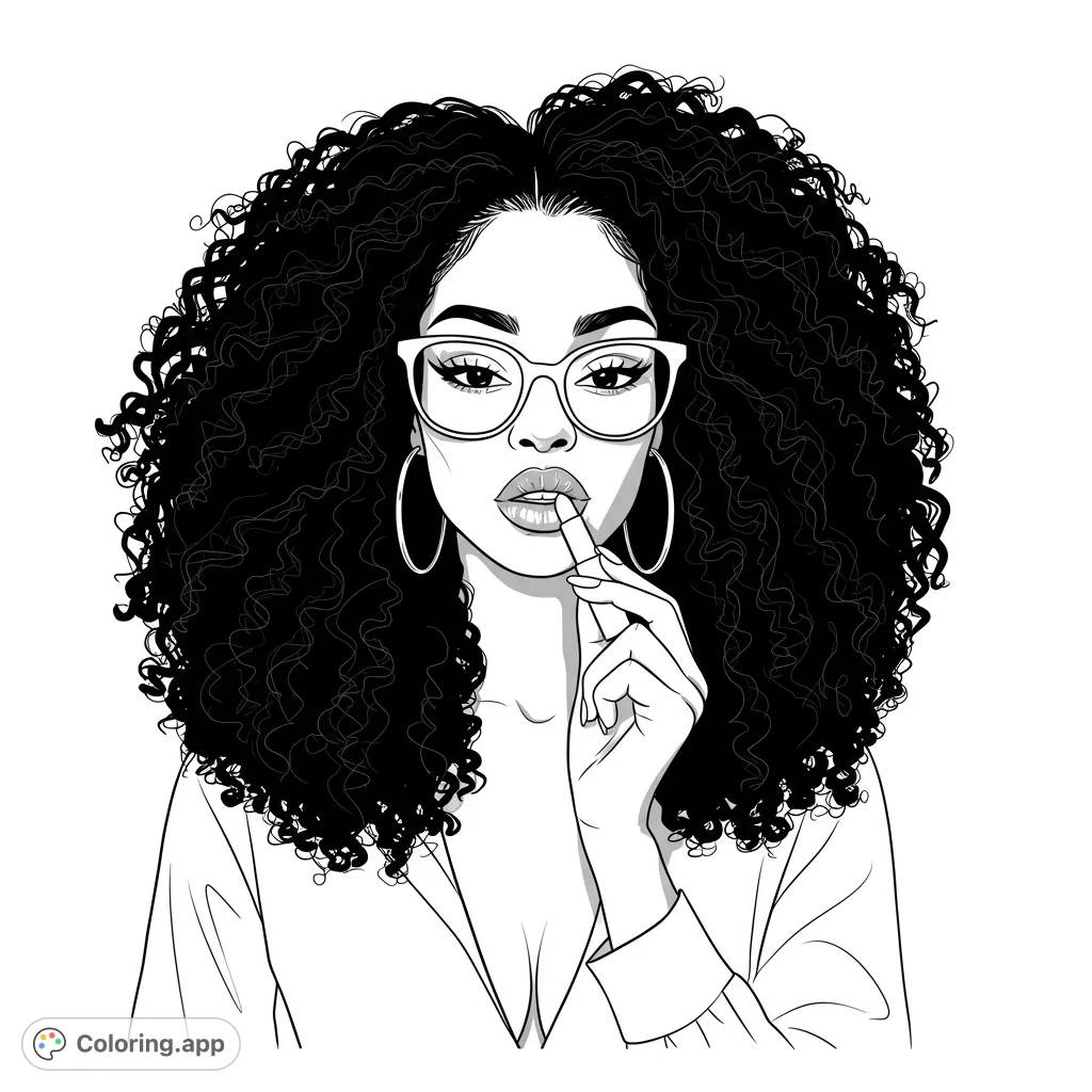 A stylish woman with voluminous curly hair and glasses, striking a thoughtful pose. Perfect for fashion and portrait coloring pages for adults.