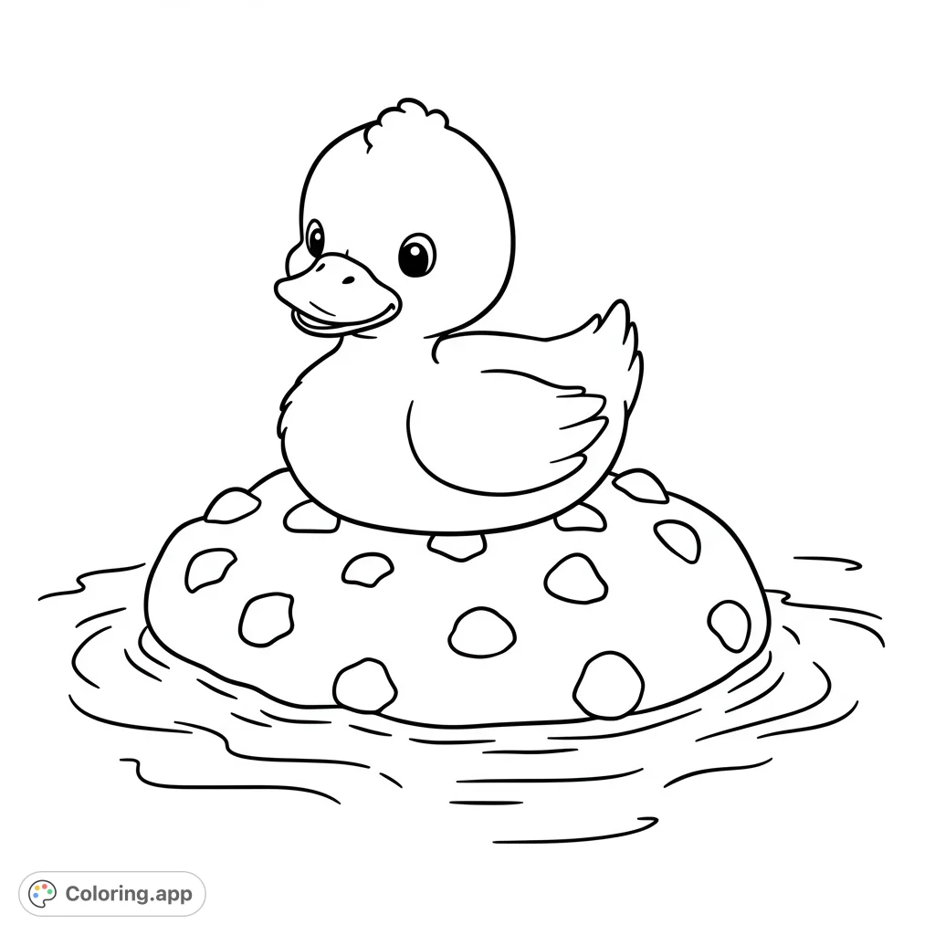 Adorable duckling floats on a polka dot ring, ready for a splash of color! A charming free printable duck coloring page for kids.