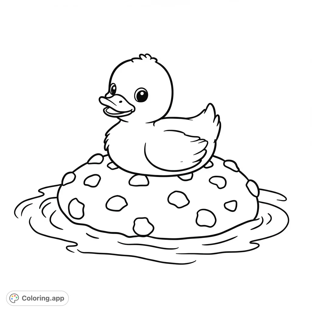 Adorable duckling floats happily on a polka-dotted inflatable ring, surrounded by gentle water ripples. A charming and fun coloring page for all ages.