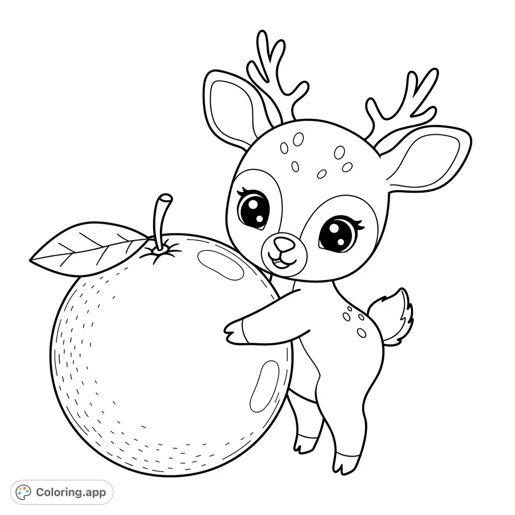 Adorable baby deer embraces a giant orange in this charming, free printable animal coloring page. Perfect for kids and adults!
