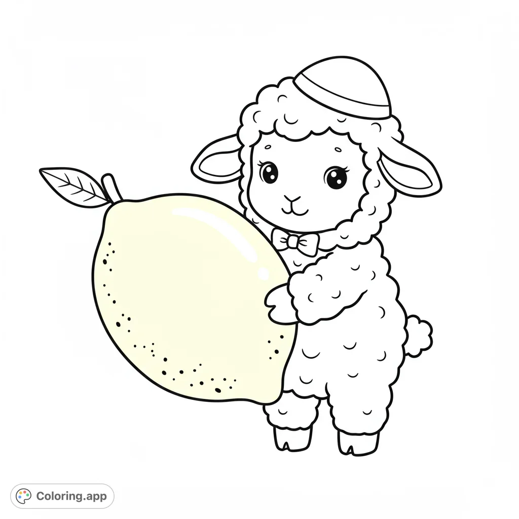 An adorable lamb in a hat and bow tie holds a big lemon. A sweet, simple design perfect for kids and beginners to color.