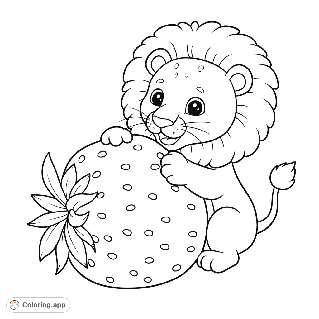 Adorable baby lion playfully hugs a giant strawberry. A delightful and sweet animal coloring page, perfect for kids and fruit lovers!