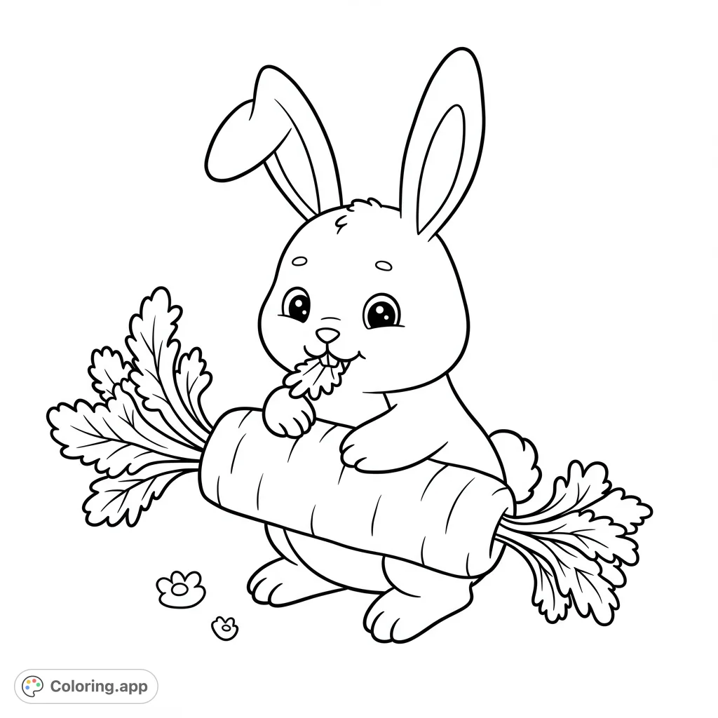 Adorable rabbit enjoys a big carrot in this charming coloring page. Perfect for kids, featuring clear lines and simple details for easy coloring fun.