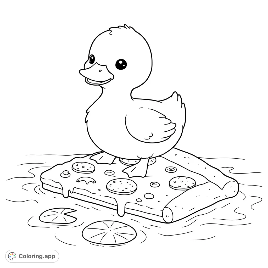 An adorable duckling stands on a floating pizza slice, surrounded by water and lily pads. A whimsical and fun free printable coloring page for all ages.