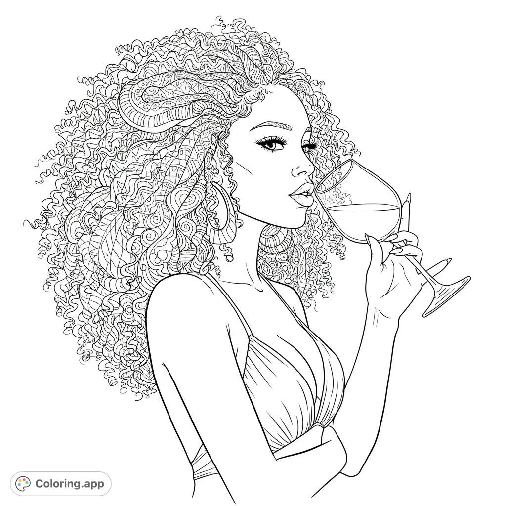 Stunning woman with voluminous, intricately detailed curly hair sips wine. A sophisticated adult coloring page for relaxation and artistic expression.