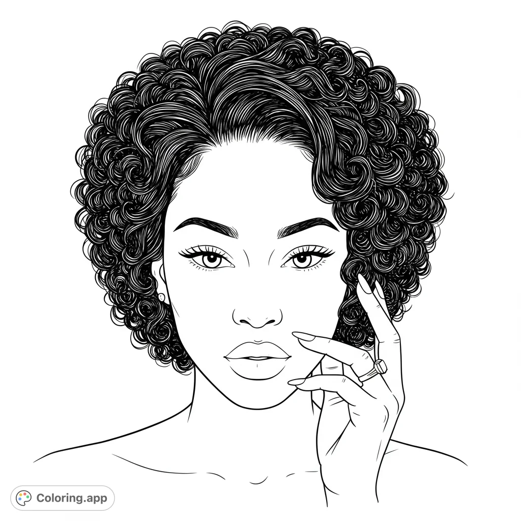 Stunning portrait of a woman with voluminous curly hair, her hand gently touching her face, perfect for creative coloring and artistic expression.