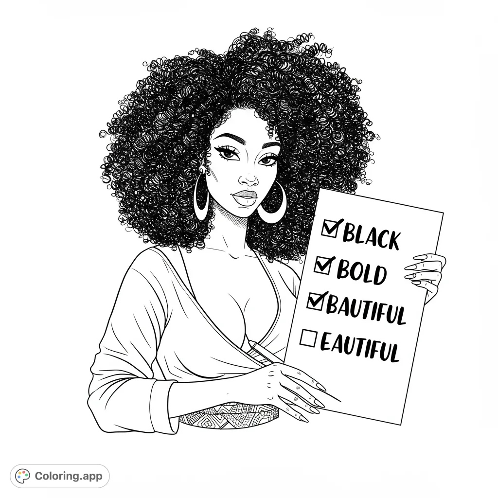 A confident woman with voluminous curly hair holds a checklist, embodying empowerment and self-love. A free printable coloring page.