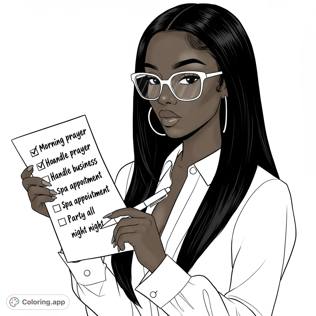 A stylish woman with glasses and long hair holds a blank checklist and pen, ready to tackle her day. An empowering professional coloring page.