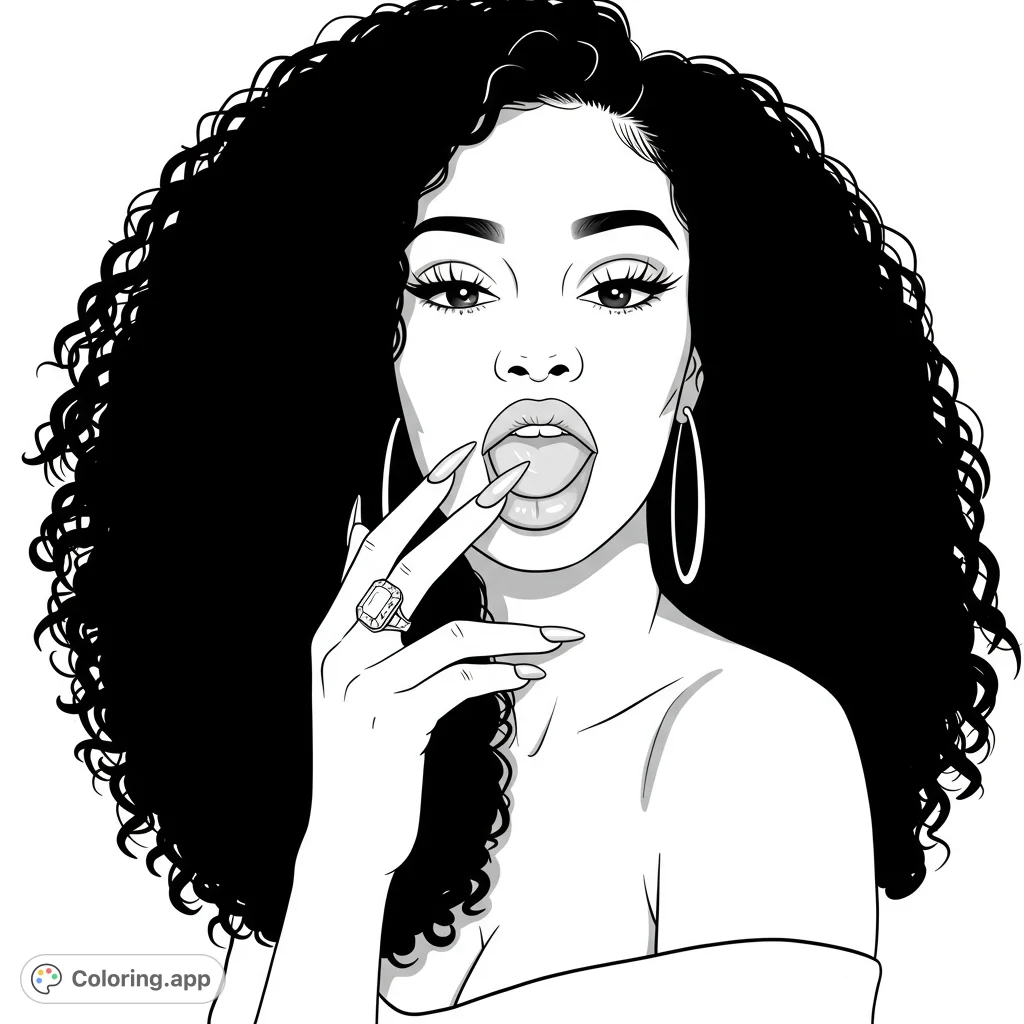 A glamorous woman with voluminous curly hair, hoop earrings, and a stylish pose, perfect for fashion-forward coloring page enthusiasts.