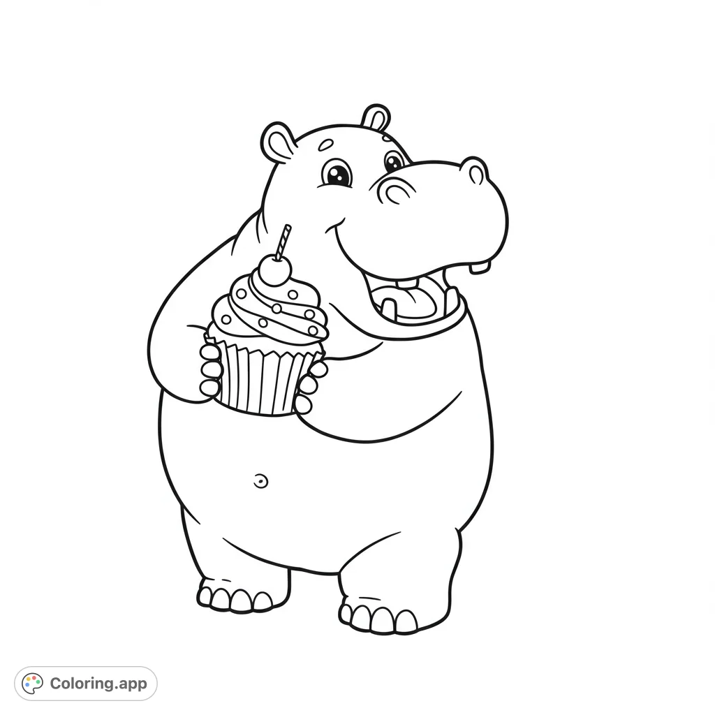 A charming hippo joyfully holds a delicious cupcake, ready for a sweet coloring adventure. Perfect for kids and adults seeking a fun, free printable hippo coloring page.