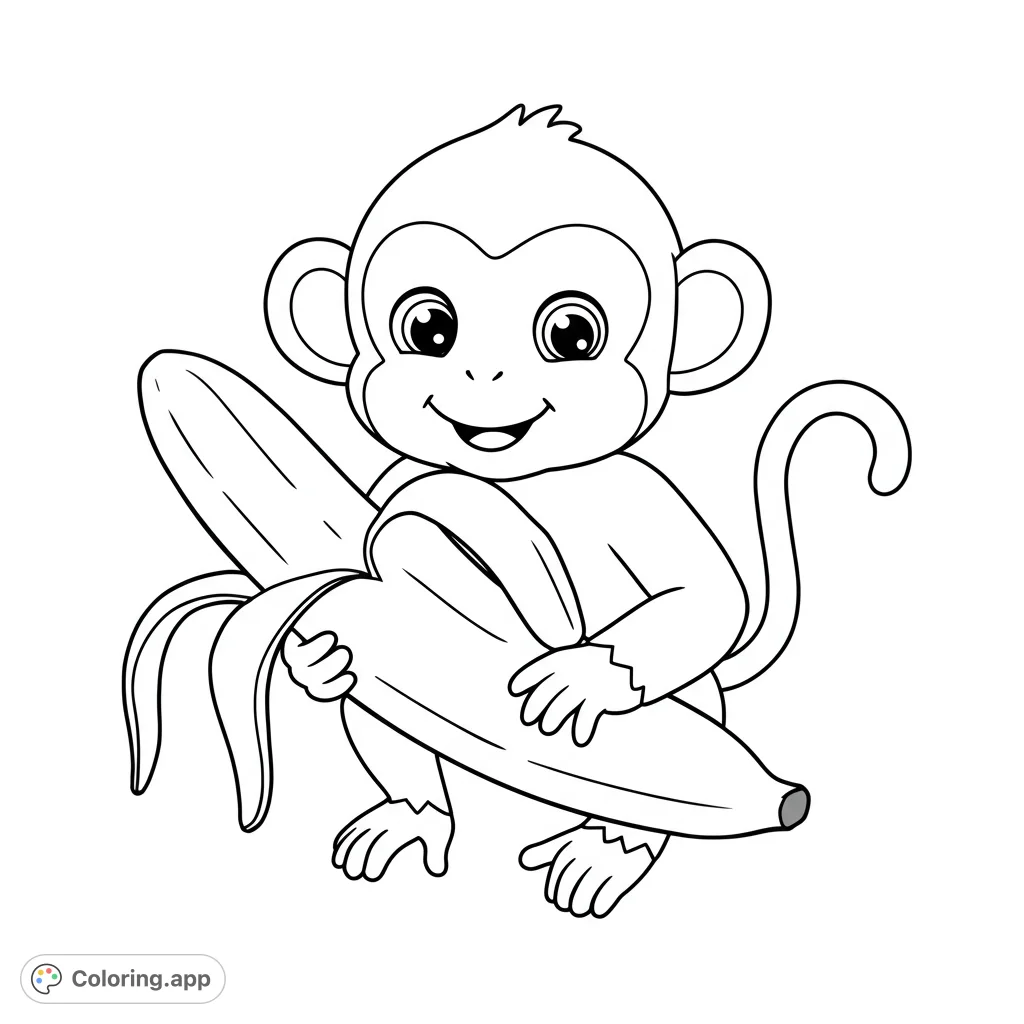 An adorable monkey happily peeling a large banana, perfect for a fun and easy coloring activity. A delightful free printable coloring page for kids.