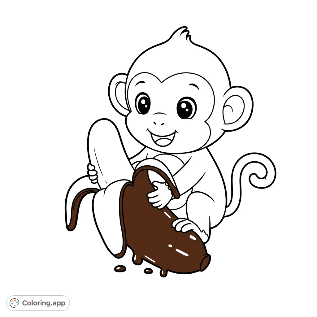 An adorable baby monkey happily peels a banana covered in a delicious, dripping substance. This free printable monkey coloring page is perfect for kids and animal lovers.