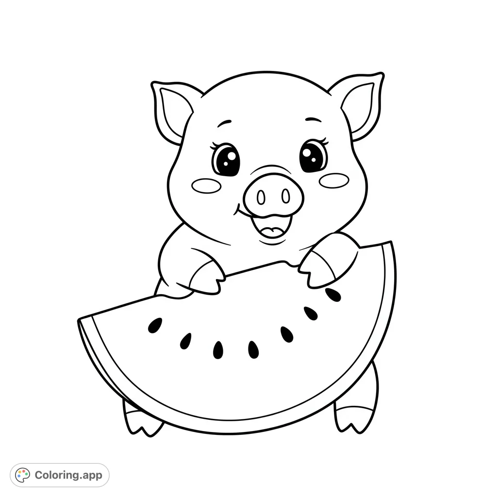 A delightful pig joyfully holds a big watermelon slice, ready for a burst of color! Perfect for summer fun and cute animal lovers.