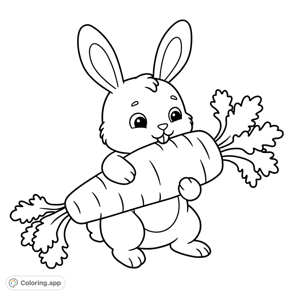 A delightful rabbit happily clutches a huge carrot, ready for a fun coloring adventure! Perfect for kids and animal lovers.