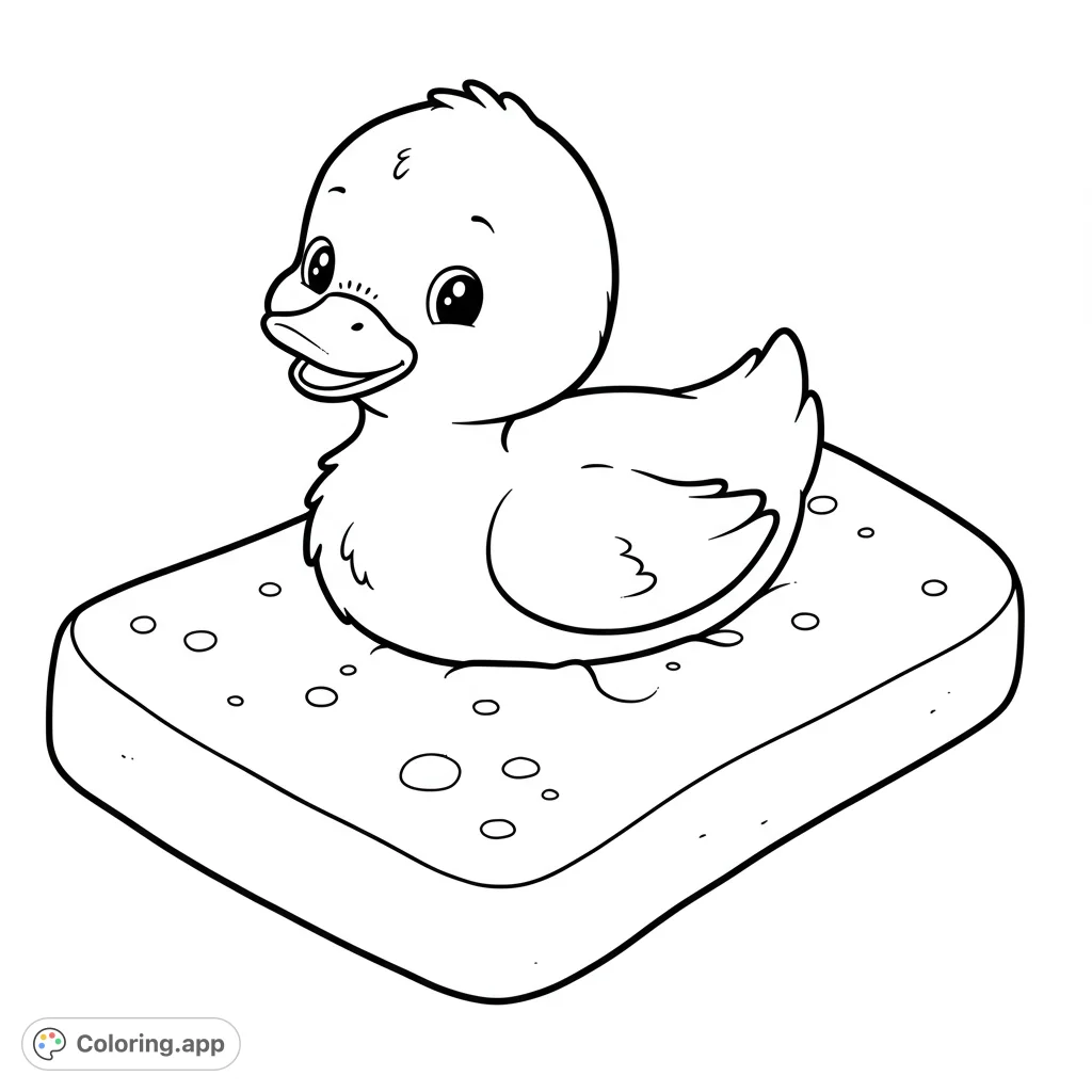 A charming rubber duck sits atop a textured sponge, ready for vibrant colors. A delightful and free printable coloring page for all ages.
