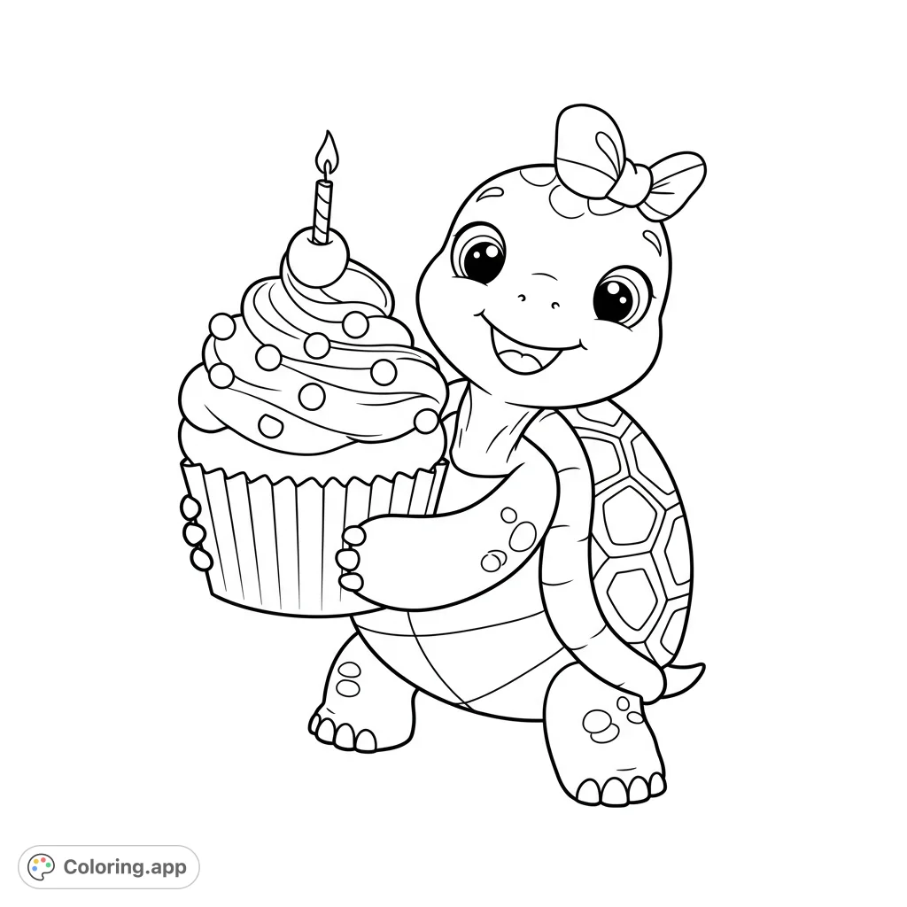 An adorable baby turtle smiles brightly, holding a festive cupcake with a lit candle and sprinkles. A charming free printable turtle coloring page for kids.