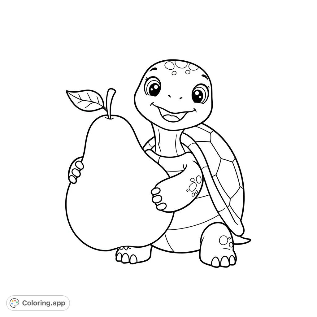 A delightful cartoon turtle smiles while holding a large pear. A charming and free printable animal coloring page for kids and adults.