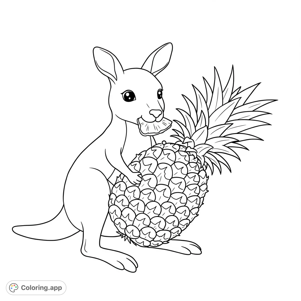 A delightful kangaroo holds a large pineapple, taking a bite from a juicy slice. A charming and sweet animal-themed coloring page for all ages.