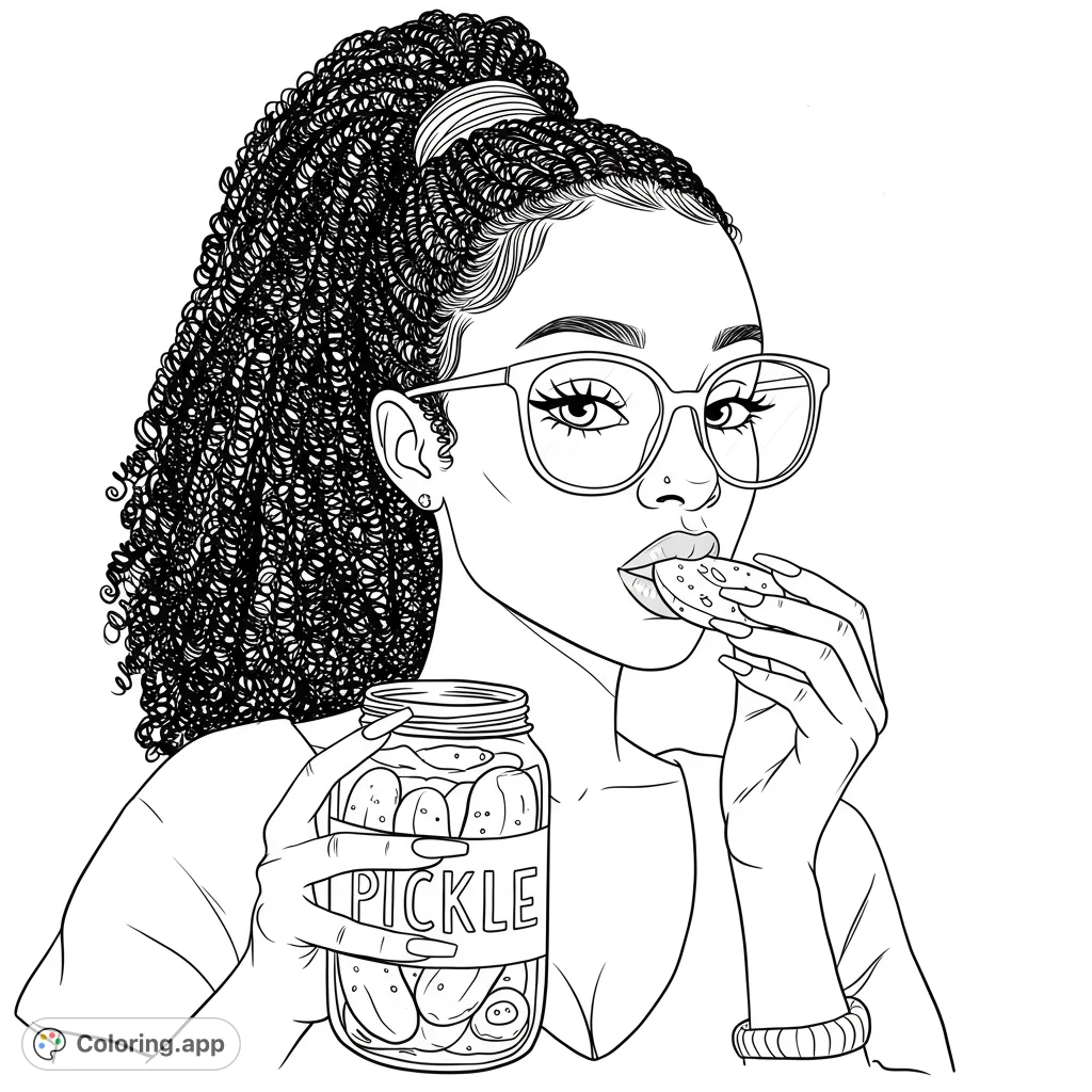 A stylish woman with intricate curly hair and trendy glasses enjoys a pickle from a jar. A fun, detailed portrait for coloring enthusiasts.