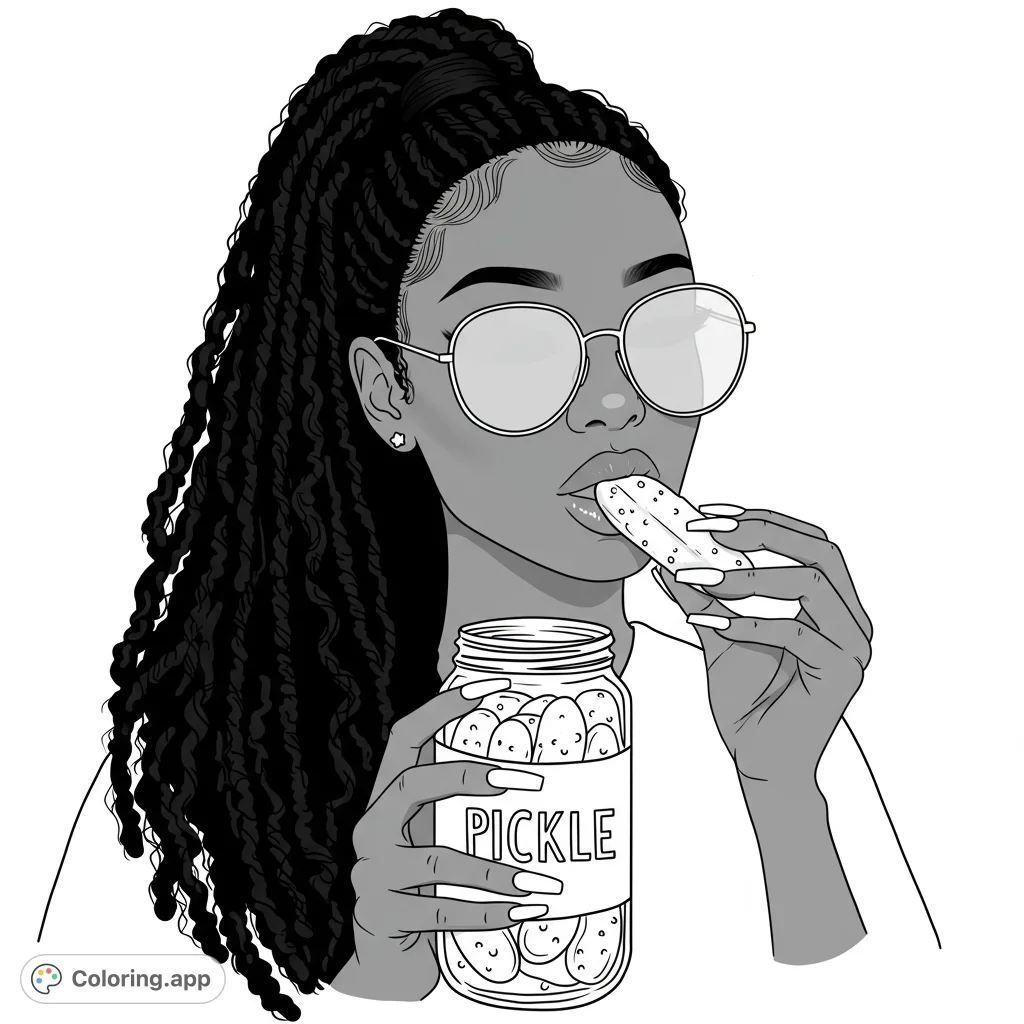 A stylish woman with braided hair and sunglasses enjoys a pickle, holding a jar of pickles. A fun, trendy coloring page.