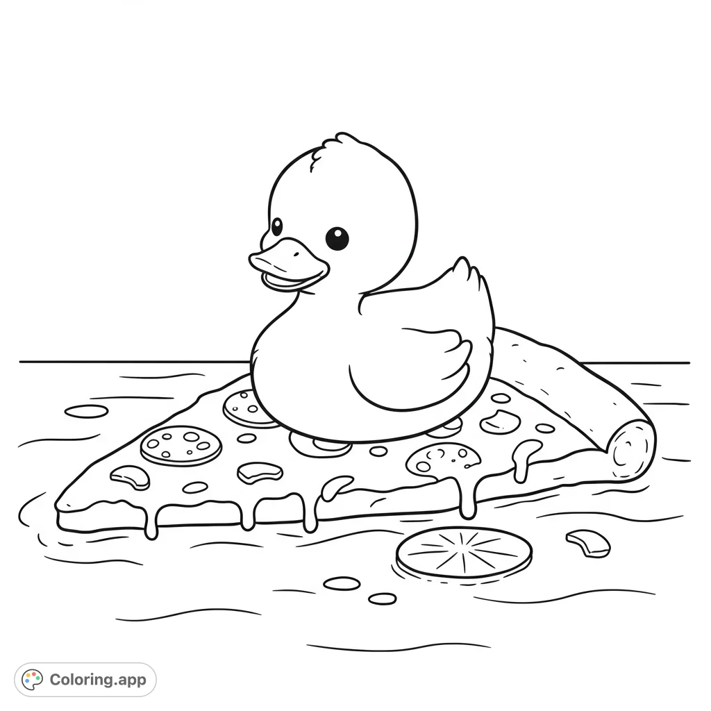 A whimsical rubber duck enjoys a leisurely float on a giant slice of pepperoni pizza, surrounded by calm water. A fun, free printable coloring page!