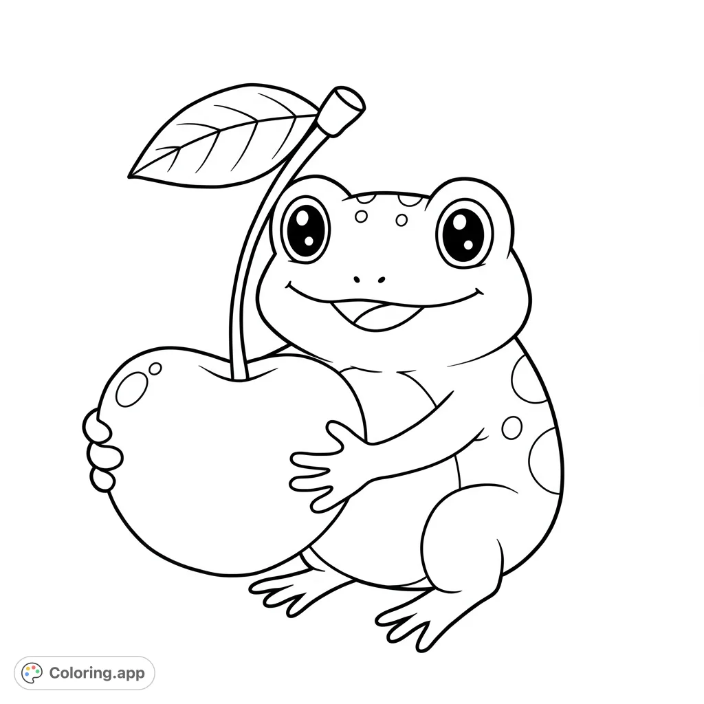 A delightful frog happily holds a large cherry, perfect for a cute and simple coloring adventure. Free printable frog coloring page for kids.
