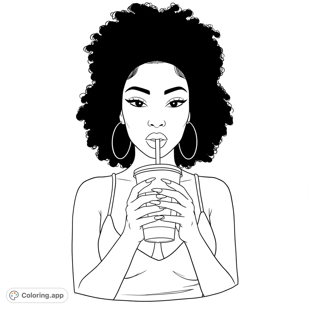 A stylish woman with a voluminous afro sips from a cup, featuring large hoop earrings and a detailed face. Perfect for a trendy coloring page.
