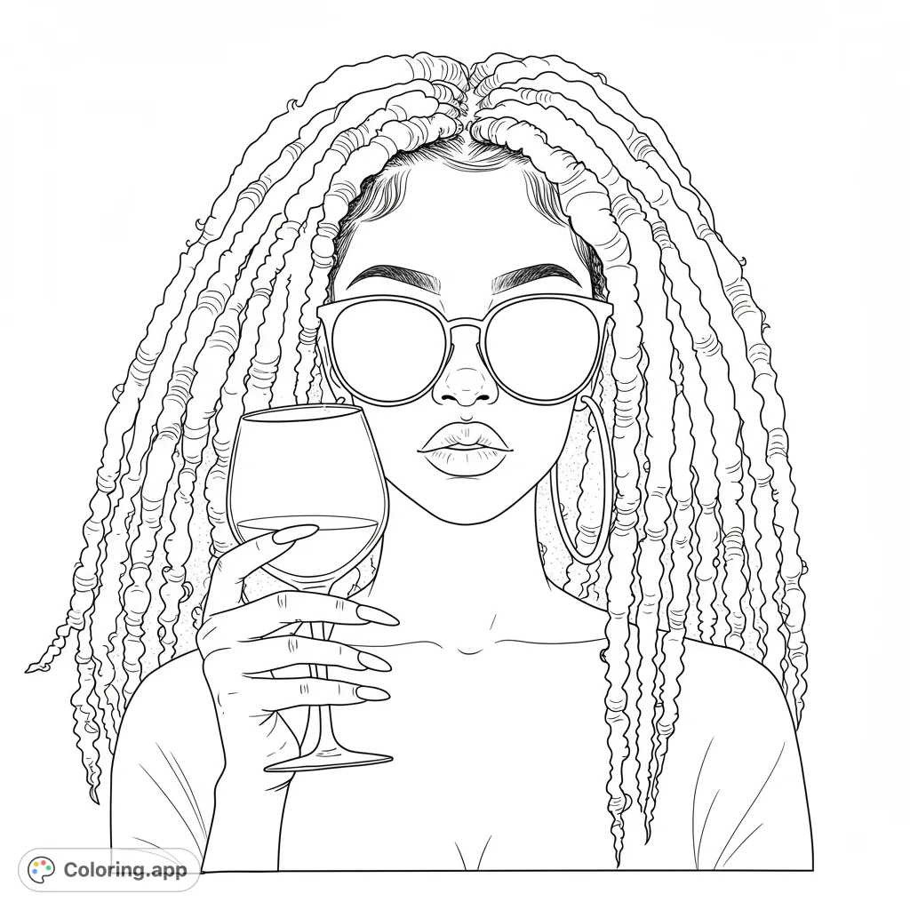 A chic woman with dreadlocks, sunglasses, and a wine glass. A fashionable portrait free printable coloring page for adults and teens.