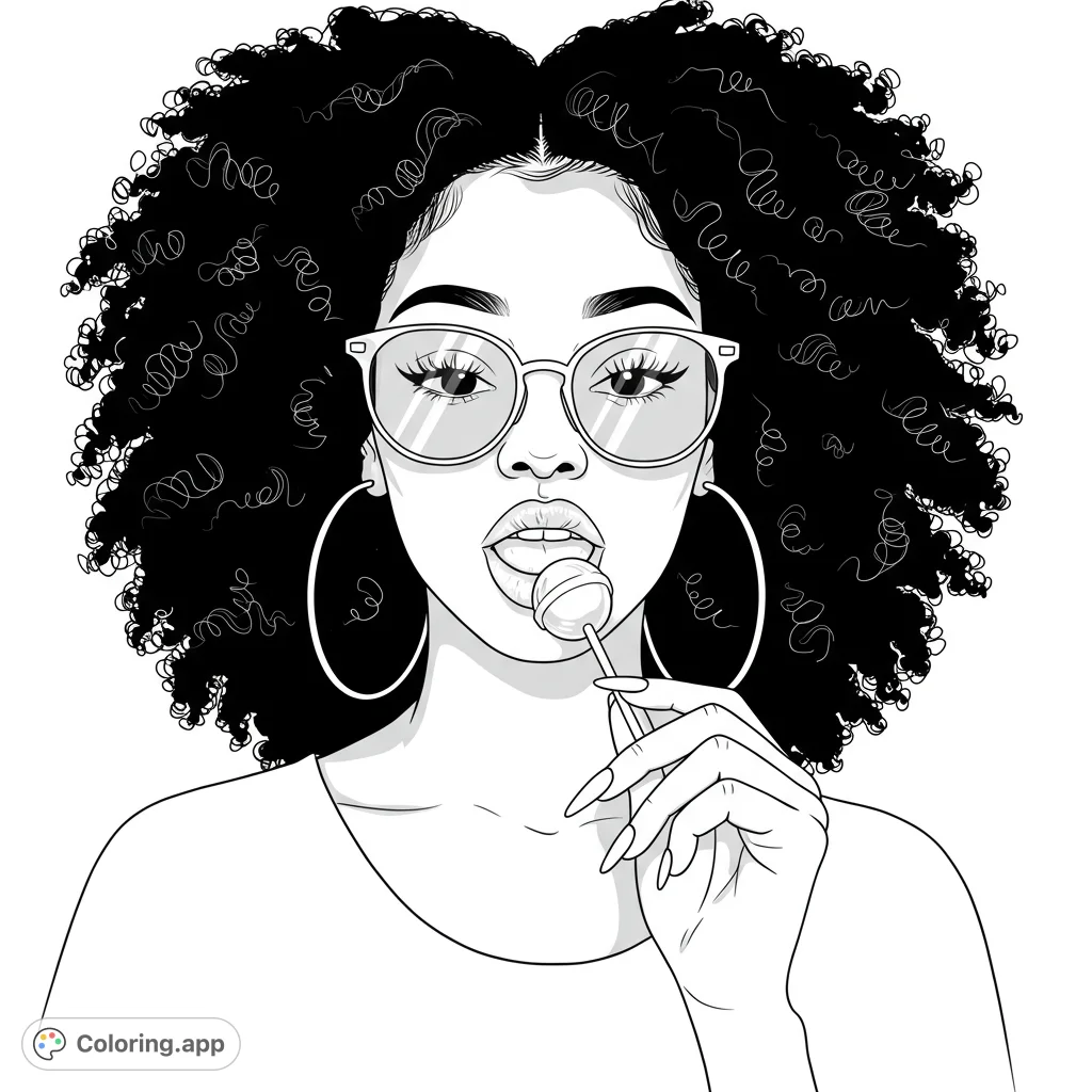 A trendy woman with voluminous curly hair, stylish glasses, and a lollipop, perfect for a fashion-forward coloring page for adults and teens.