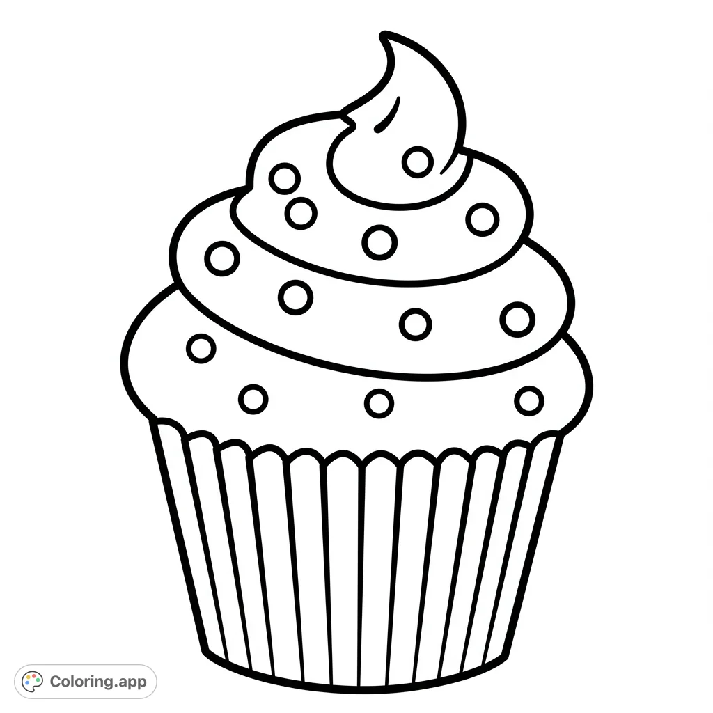 A delightful cupcake coloring page featuring a fluffy cake, swirled frosting, and playful sprinkles, perfect for sweet creative fun!